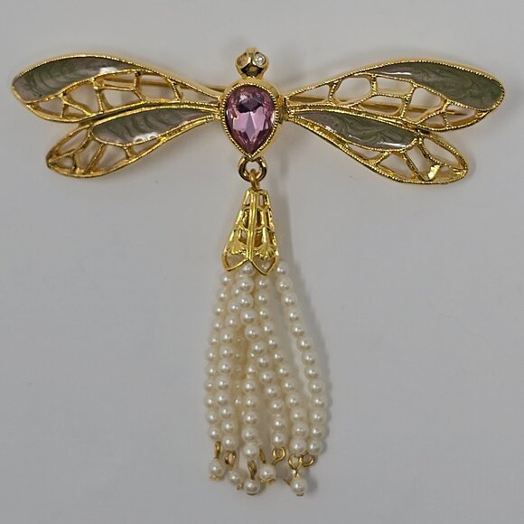 Vintage Avon Dragonfly Brooch Pink Stone Articulating Pearl Tassel - Picture 3 of 9